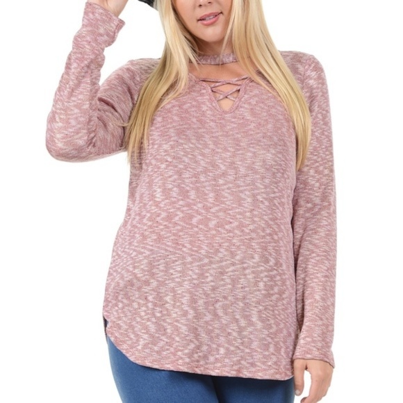 CrissCross Hollow Out Wine Long Sleeve Tunic Top - Picture 2 of 4